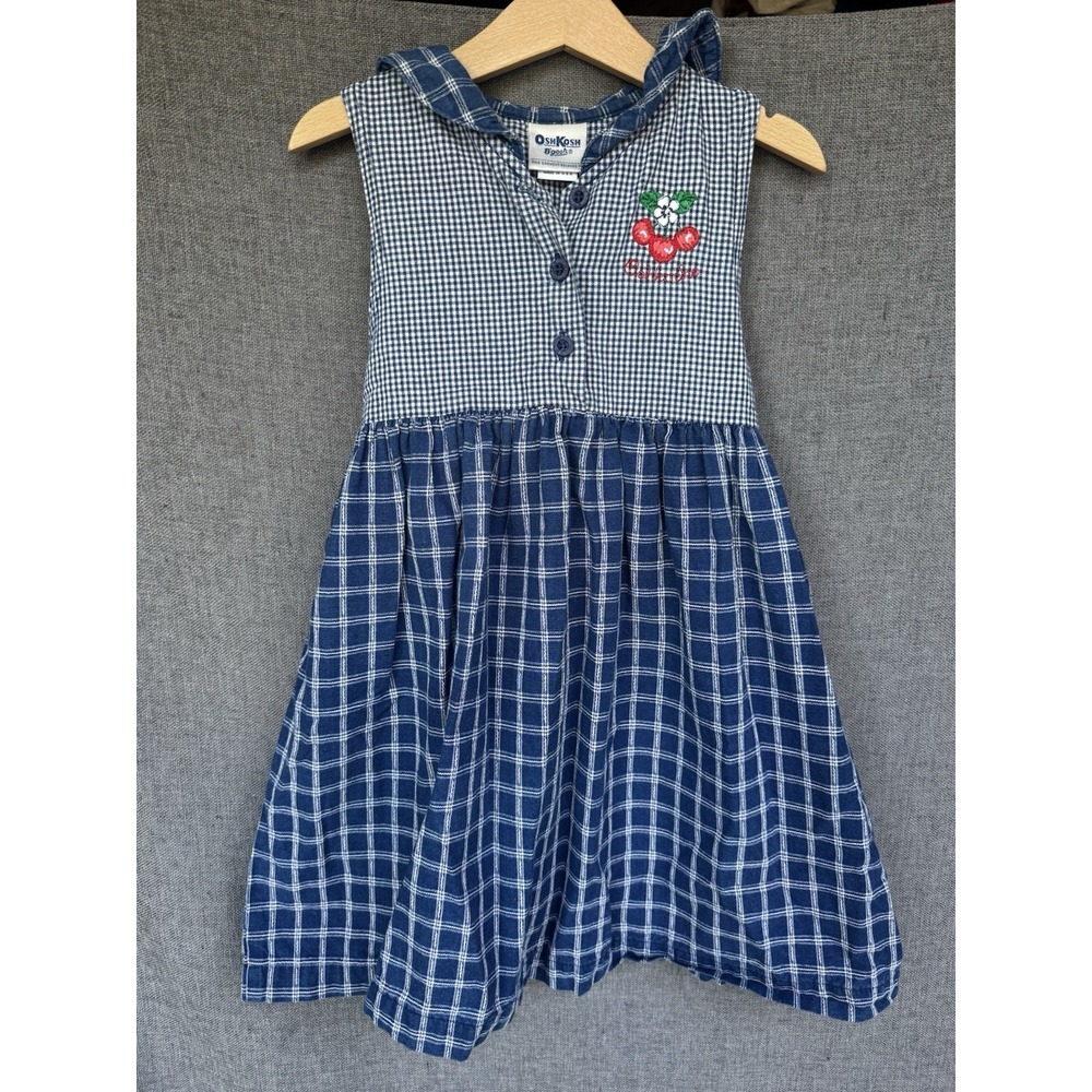 Vintage Oshkosh Bgosh Plaid Cherry Dress‎ Sz 6 Gingham 100% Cotton 90s Blue